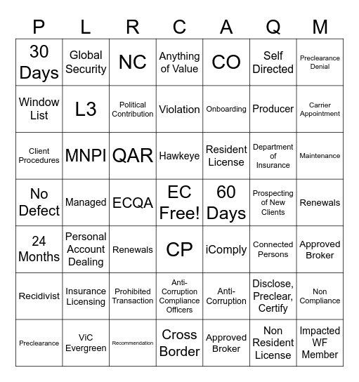 Employee Compliance Bingo Card