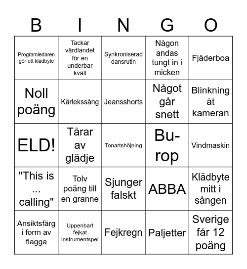 Eurovision 2024 Bingo Card