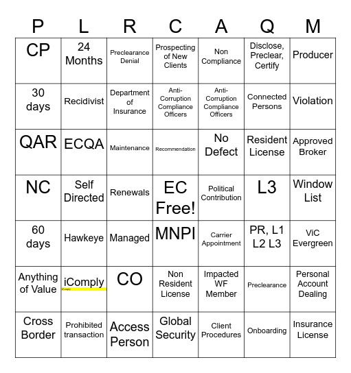 Employee Compliance Bingo Card