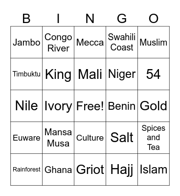 West African Kingdoms Bingo Card