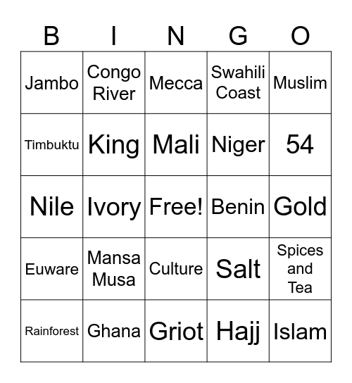 West African Kingdoms Bingo Card