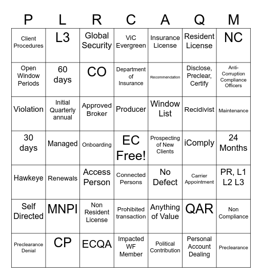 Employee Compliance Bingo Card