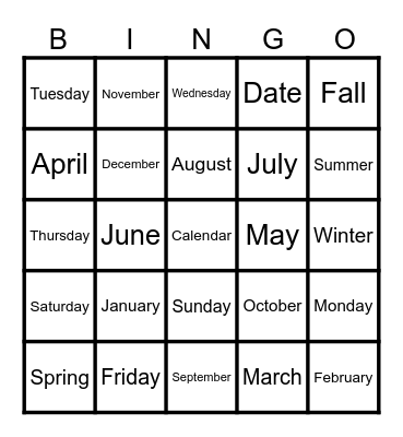 Calendar Bingo Card