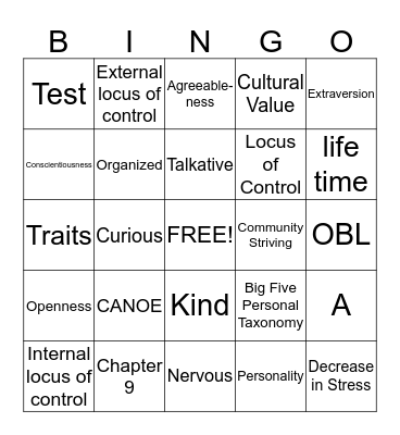 The Big Five Personality Taxonomy Bingo Card