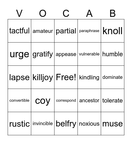 Vocabulary 13-16 Bingo Card