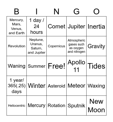 DFA Solar System Bingo Card