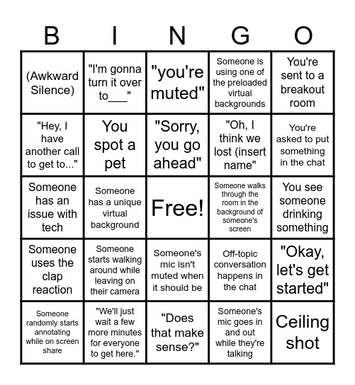 Zoom Meeting BINGO Card