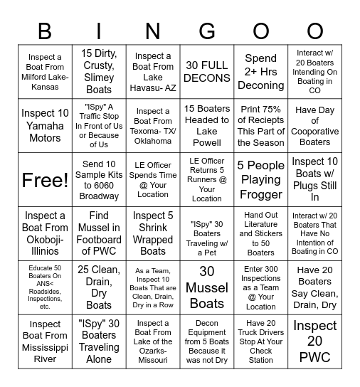 Team vs. Team Boat Inspector Bingo P1 Bingo Card