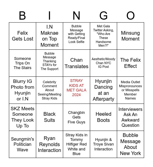 Stray Kids @ Met Gala 2024 Predictions Bingo Card