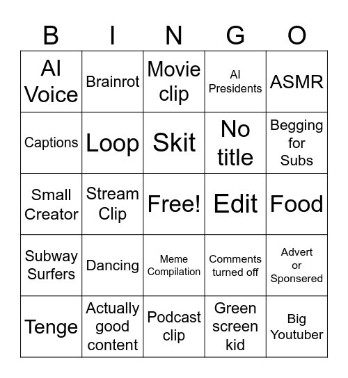 YT Shorts Bingo Card