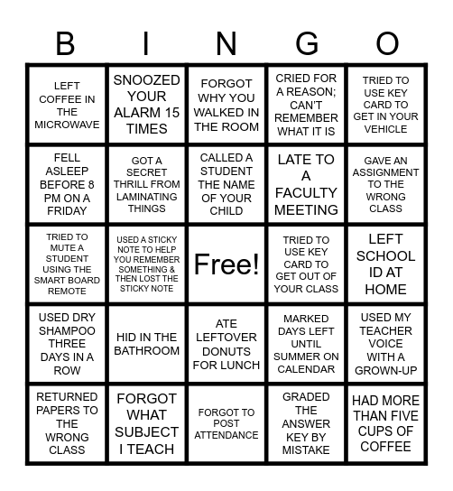 TIRED TEACHER BINGO Card