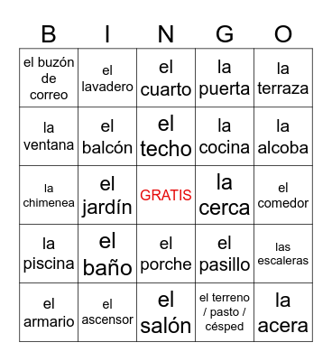 JUEGO DE CLASE: LA CASA Y LOS CUARTOS Bingo Card