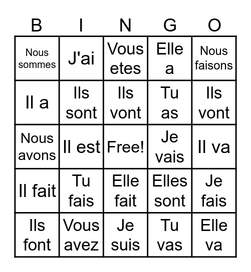Les verbes Bingo Card