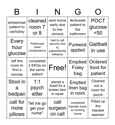 ED PCA/UC Healthcare Bingo Card