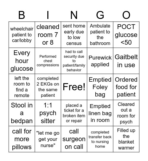 ED PCA/UC Healthcare Bingo Card