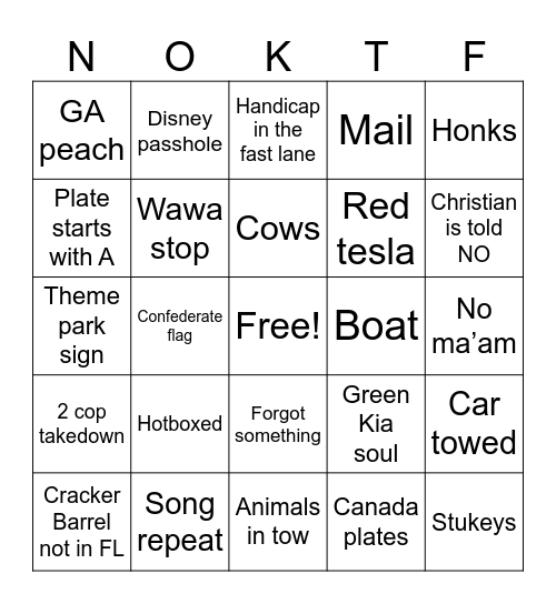 Coaster Road Trip Bingo Card