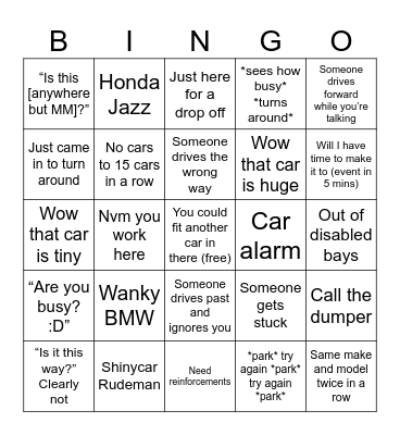 Car Park Bingo Card