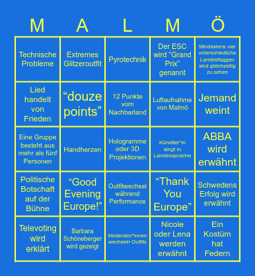 Eurovision Song Contest Bingo Card