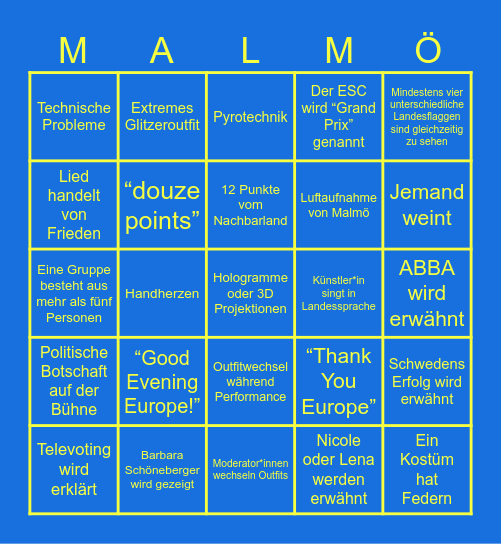 Eurovision Song Contest Bingo Card