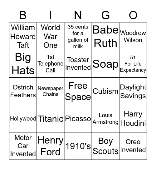 1910's Bingo Card