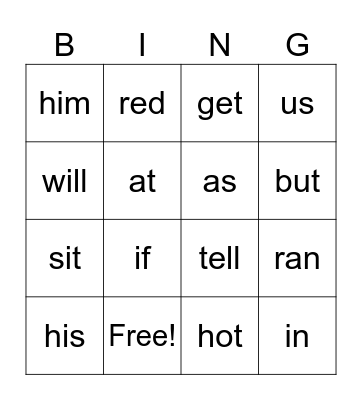 Word Bingo Card