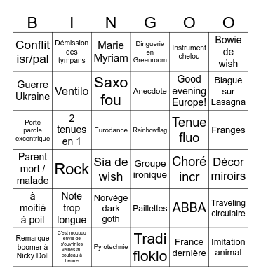 Eurovision 2024 Bingo Card