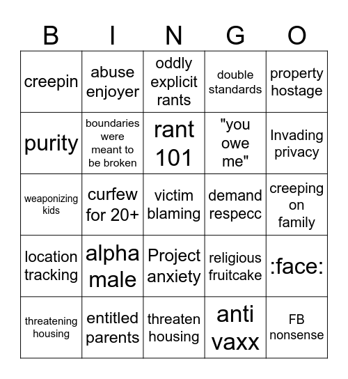 The Click r/InsaneParents BINGO v2 Bingo Card