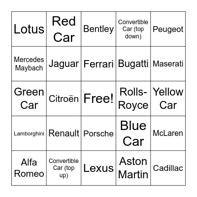 Monaco Luxury Cars Bingo Card