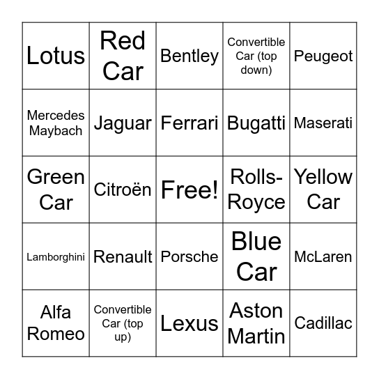 Monaco Luxury Cars Bingo Card