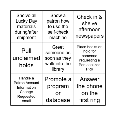 Library Staff Duties Bingo Card