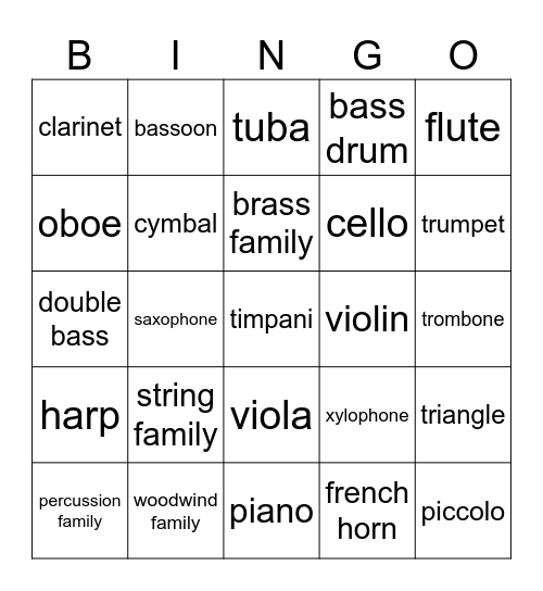 instruments of the orchestra Bingo Card