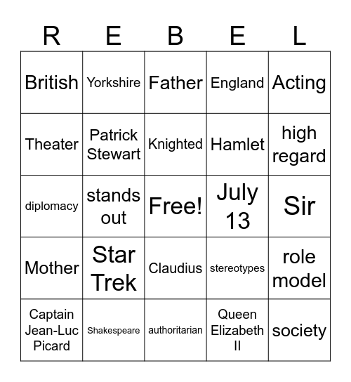 Patrick Stewart Bingo Card