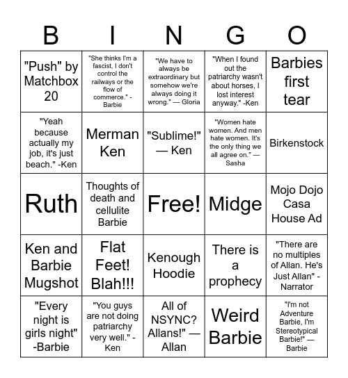 Barbie Bingo Card