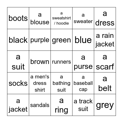 FRENCH CLOTHES & COLOURS Bingo Card