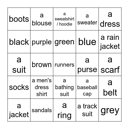 FRENCH CLOTHES & COLOURS Bingo Card