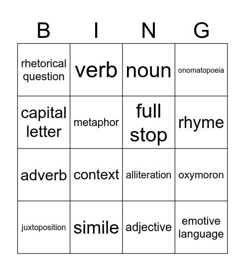 English Language Bingo Card