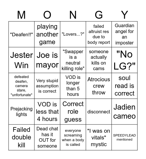 Improved* TM Mongy Mondays Bingo Card