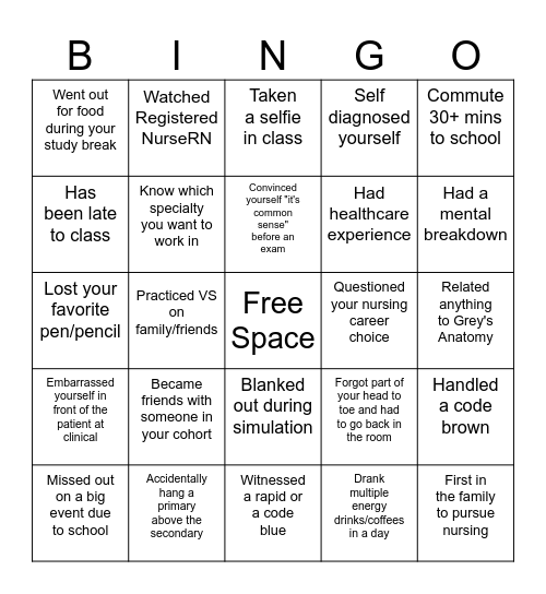 Nursing School Bingo Card