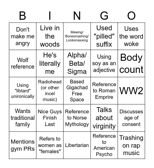 Incel Bingo Card