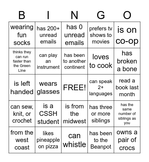 Get to know you BINGO! Bingo Card