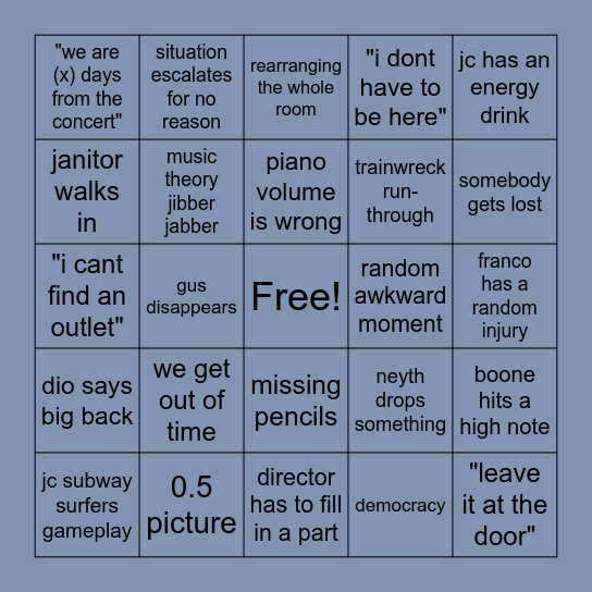 Rehearsal Bingo Card
