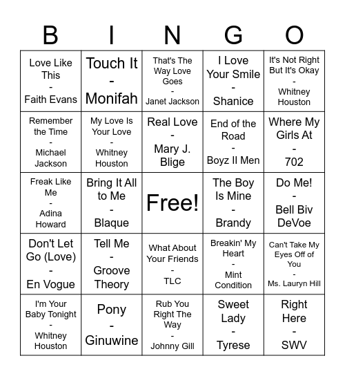 90's R&B Mix Bingo Card