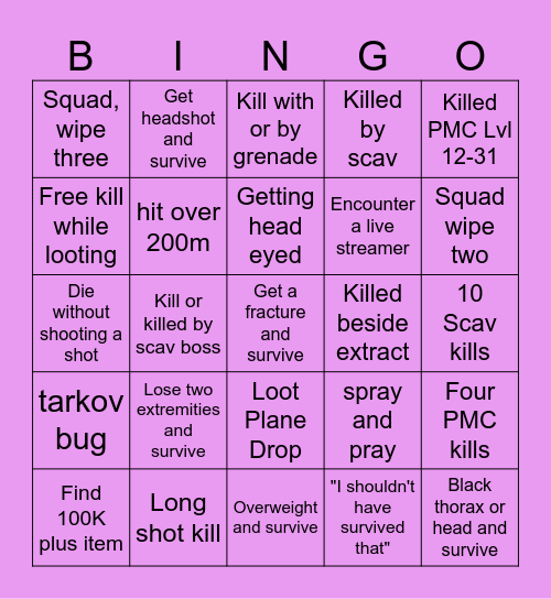 Tarkov Bingo Card