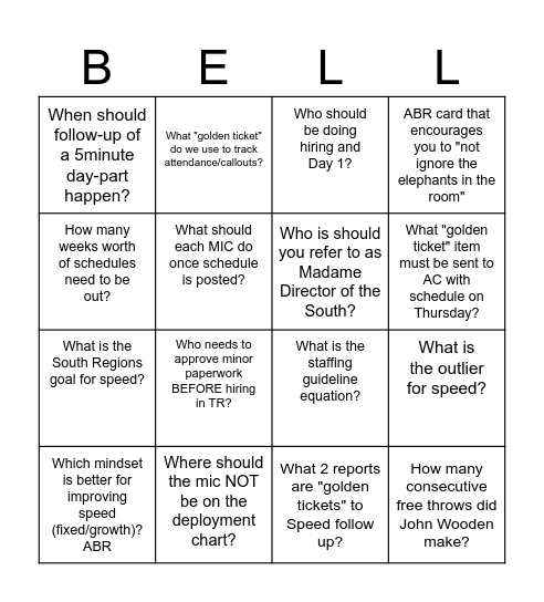 GOLDEN "BELL" BINGO Card