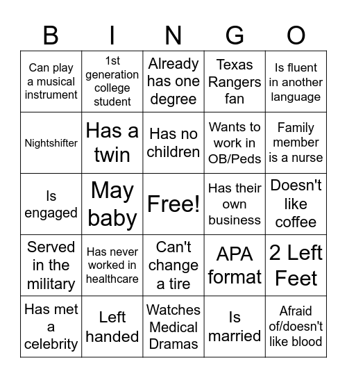 Nursing Student Bingo Card