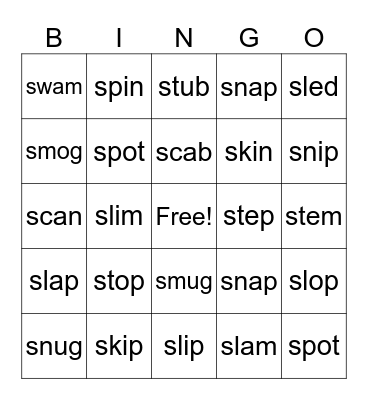 Beginning S blends Bingo Card