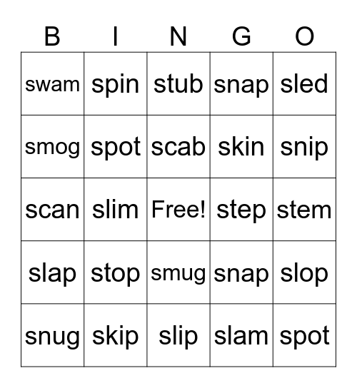 Beginning S blends Bingo Card