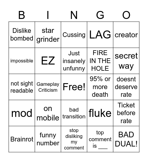 Geometry Dash Daily Comments Bingo Card