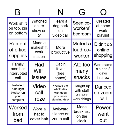 Work from Home Bingo Card