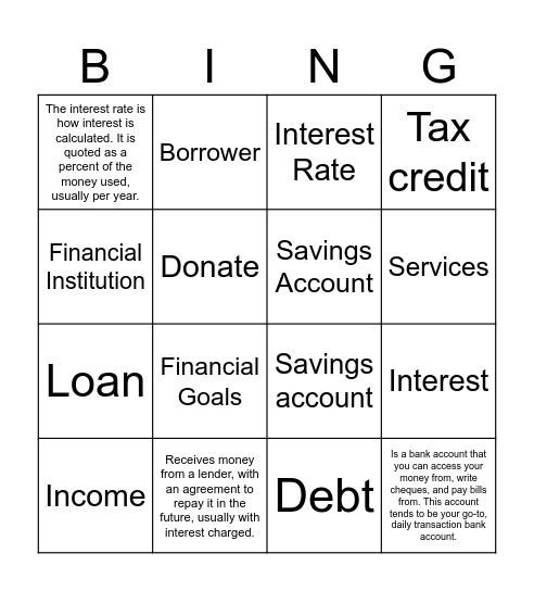Financial Literacy Bingo Card